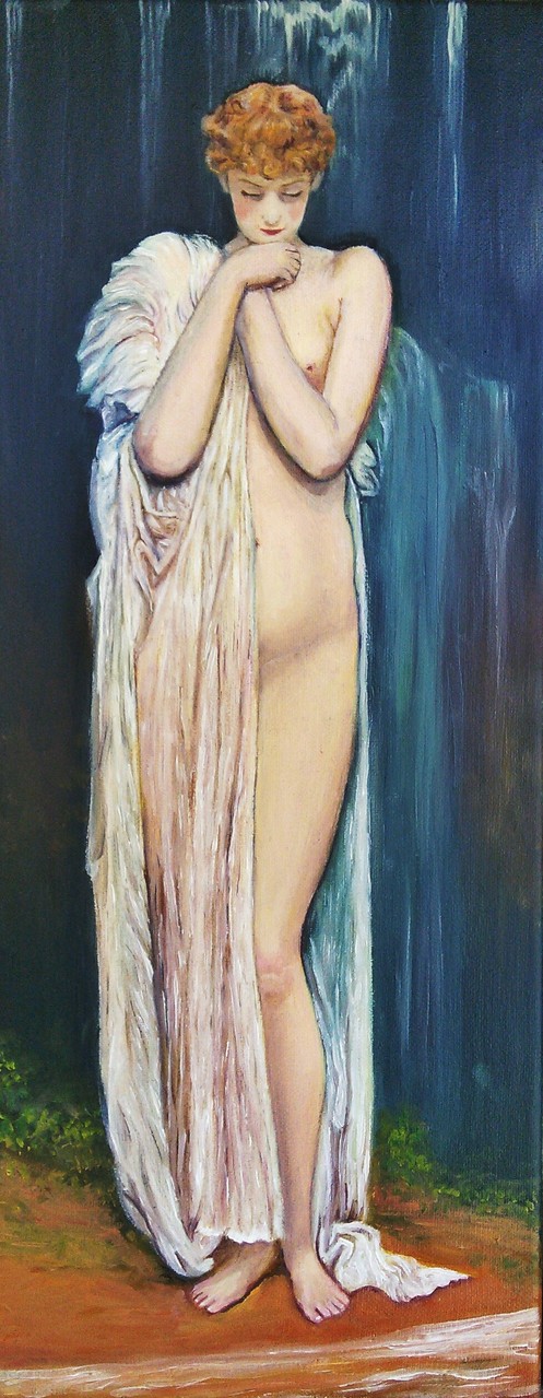Reproduction de "La nymphe de la cascade du Nideck" de Frederic Leighton, huile sur toile, 20x50, 2015