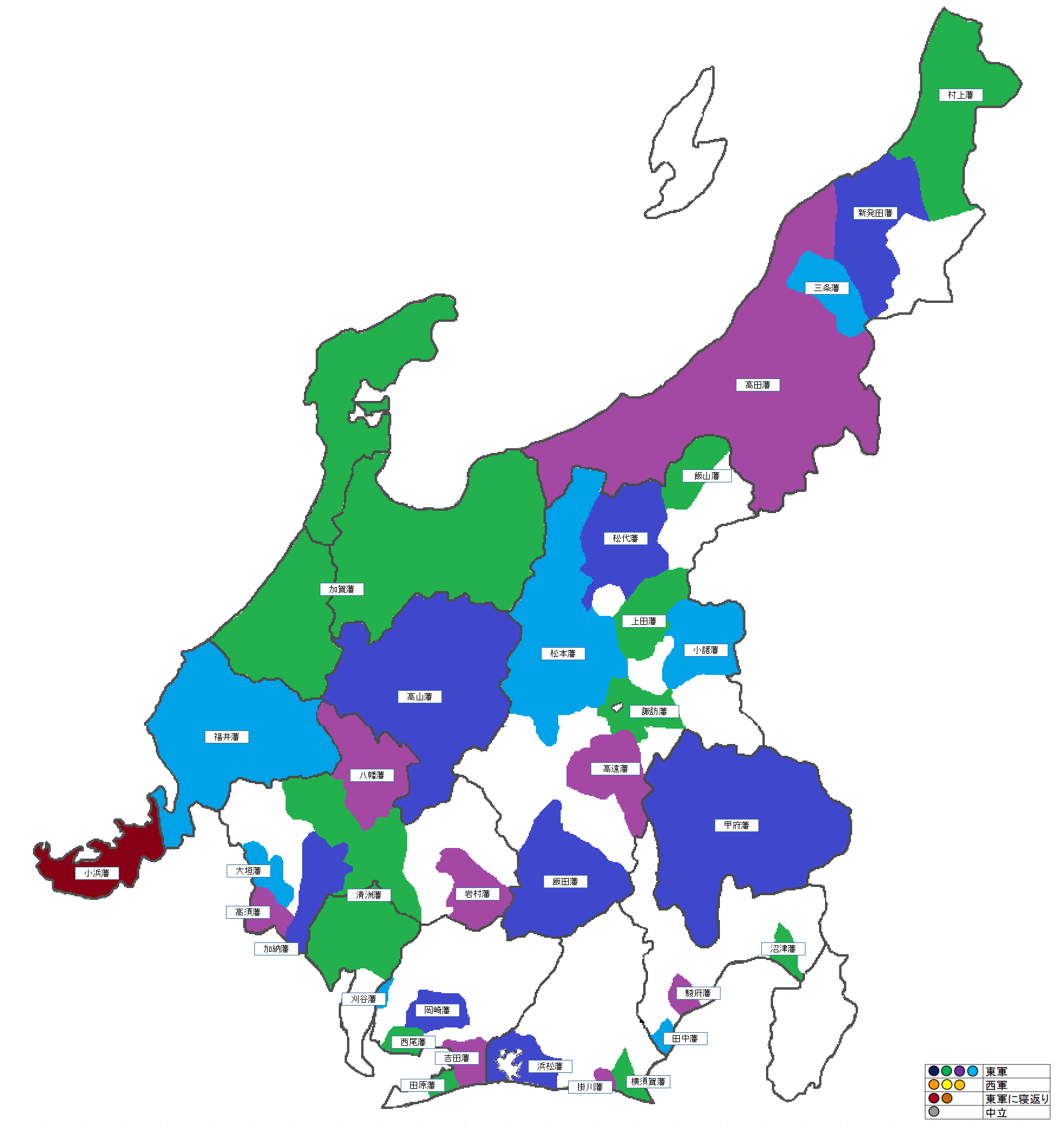 中部地方の大名配置図　関ヶ原の戦い後