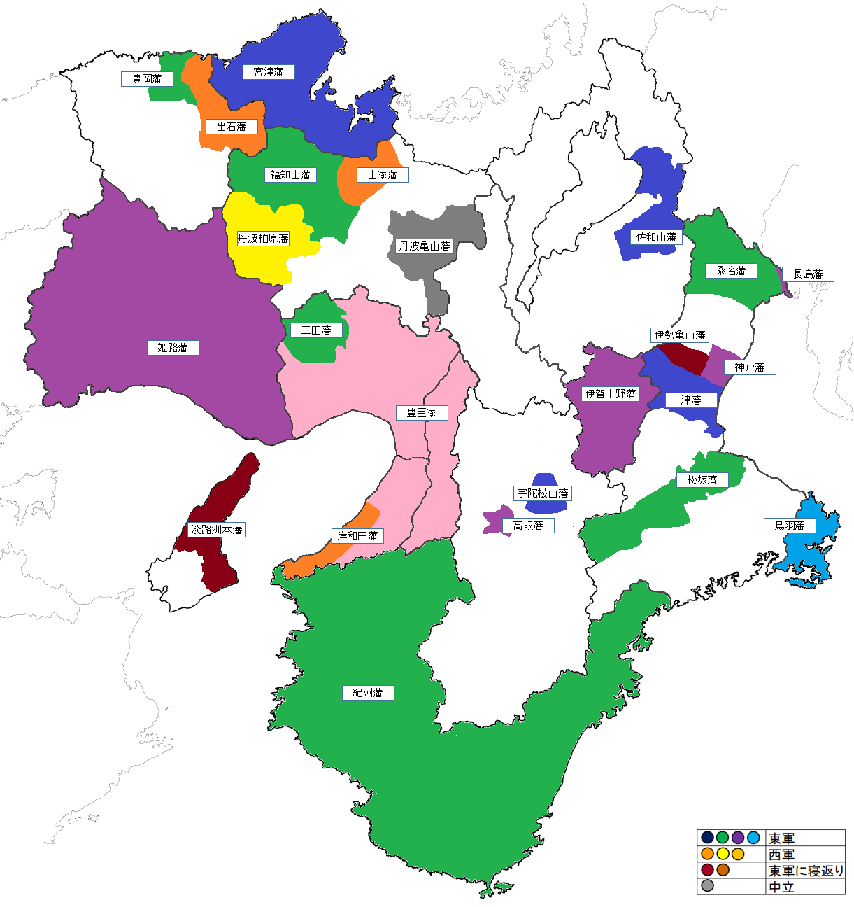 近畿地方の大名配置図 関ヶ原の戦い後 江戸時代の大名領地map