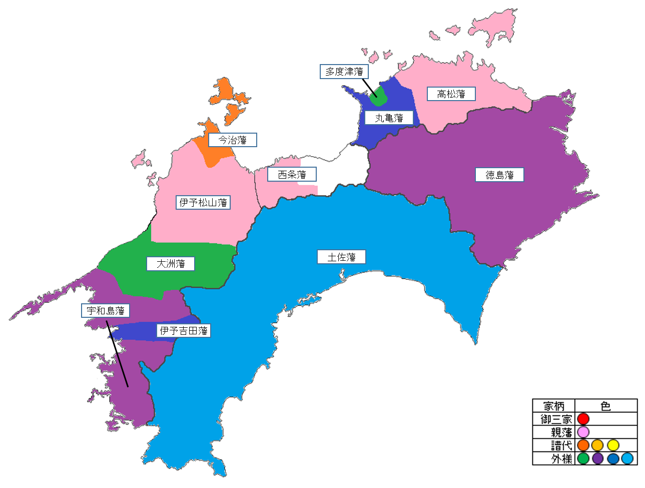 四国地方の大名配置図　幕末