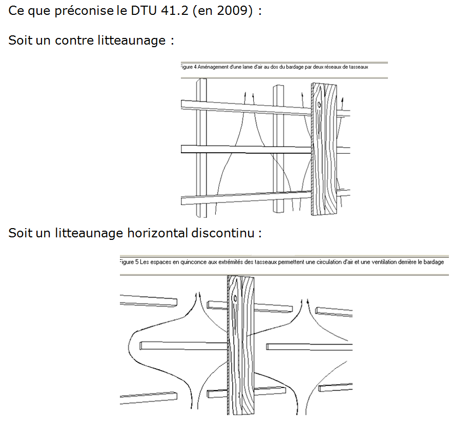 Ce que préconise le DTU 41.2 (en 2009) : soit un contre litteaunage, soit un litteaunage horizontal discontinu