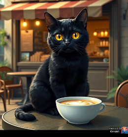 KI Bild. Eine schwarze Katze mit gelben Augen sitzt auf einem runden, dunkelbraunen Bistro-Tisch, vor sich eine weiße, große Tasse mit Milchkaffee. Im Hintergrund sieht eins das Schaufenster der Bäckerei, die eine rot-weiß gestreifte Markise hat.