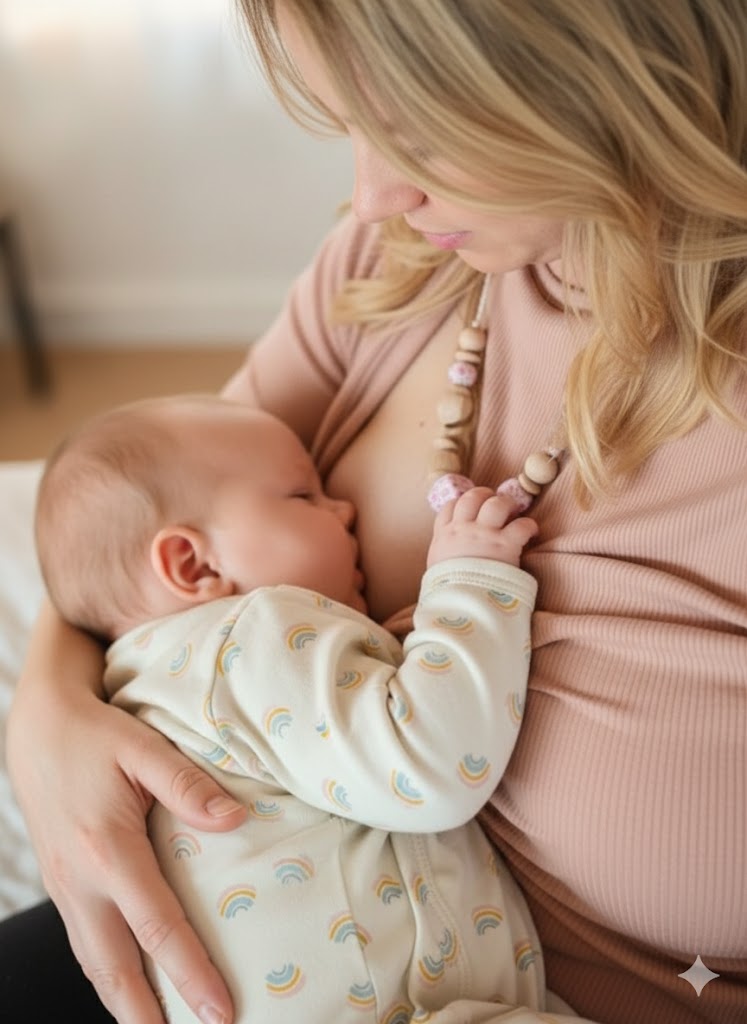 Mutter hält Baby mit Stillkette/Nursing Necklace in der Hand - Stillketten und Stillschmuck | Scherzinger-Baby
