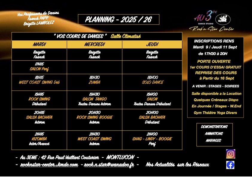 HORAIRES COURS DE DANSES AU3EME DANCE STUDIO ROCK'N STAR CENTER MONTLUCON LATINO SALSA BACHATA KIZOMBA  ROCK SWING BOOGIE WOOGIE LINDY HOP WEST COAST SWING DANSES DE SALON TANGO VALSE PASO DOBLE CHA CHA CHA DANSE SOLO ZUMBA SALLE CLIMATISE 