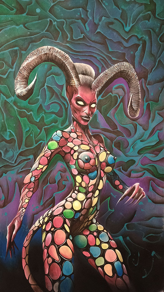 A horned she devil with tail and colorful dot skin-costume