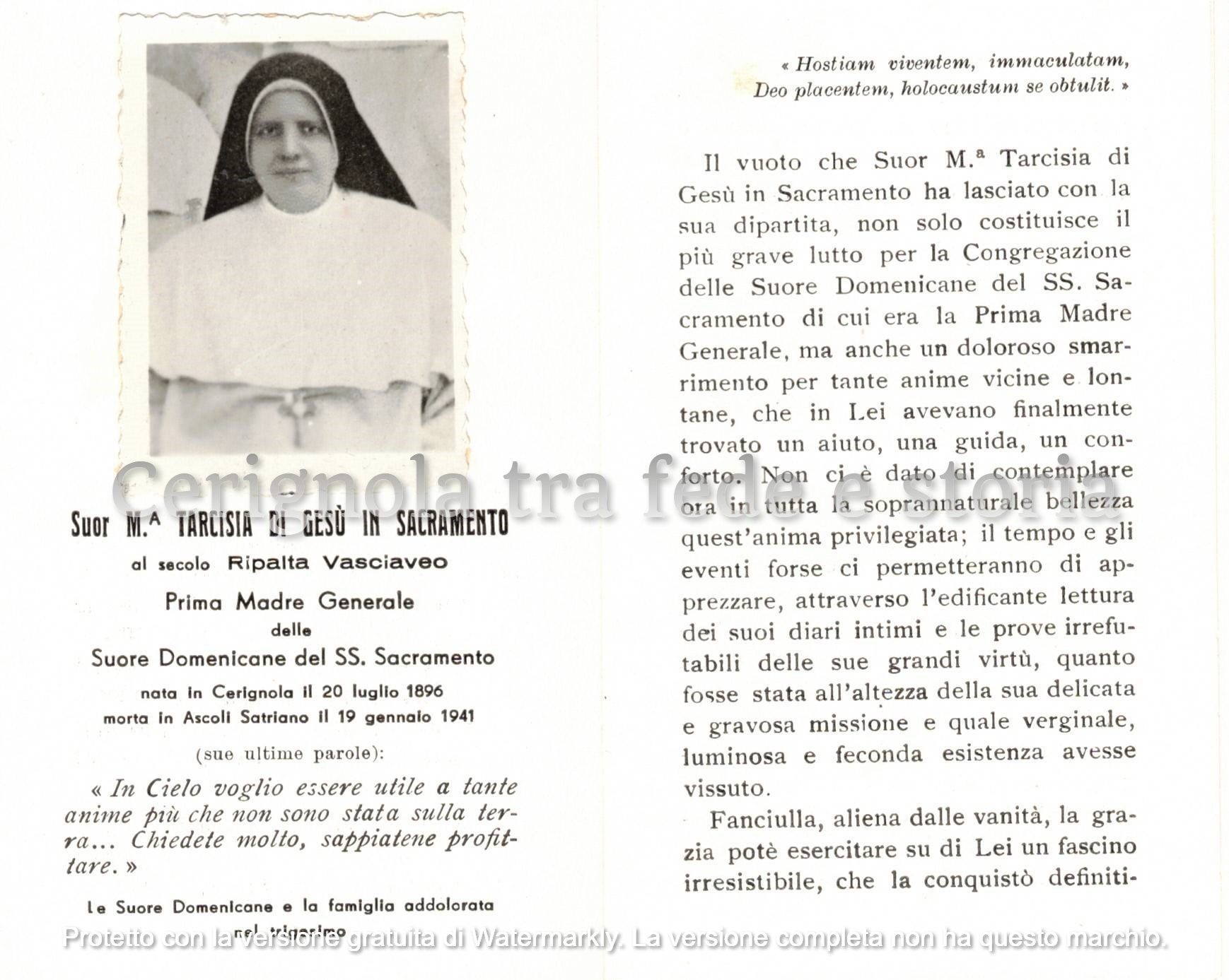 Ricordo di Madre Tarcisia (Ripalta Vasciaveo)  - 19.01. 1941