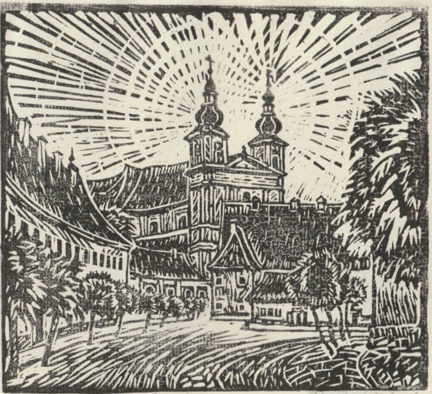 Waldsassen expressionistisch – Die Stiftskirche in einem Linolschnitt von Herbert Molwitz