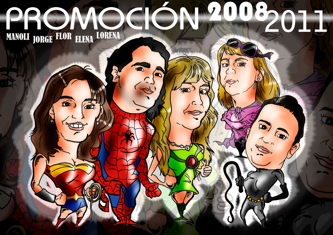 Caricatura de grupo de 5 personas, a todo color, por: 100€