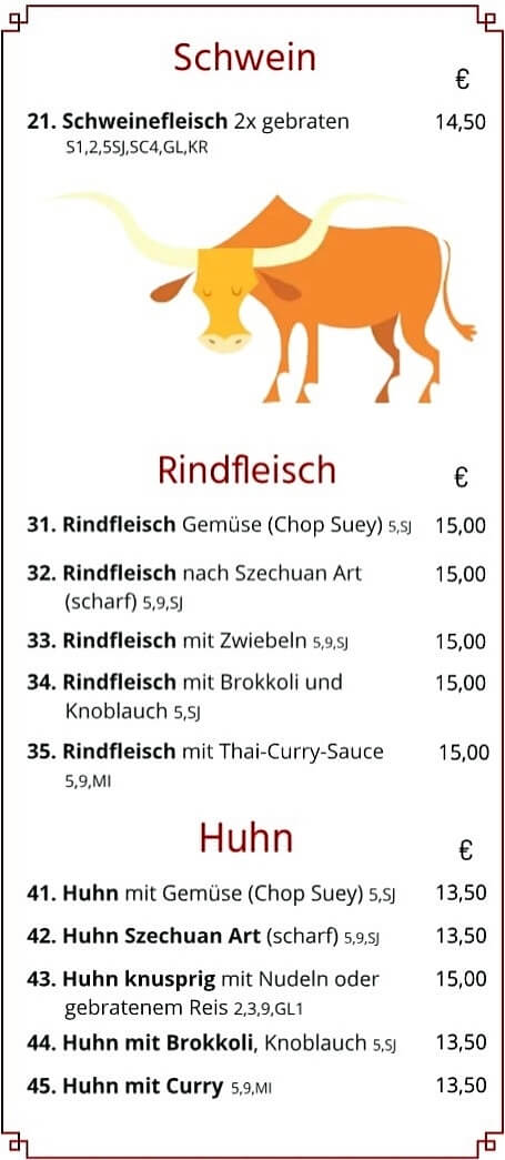 Take-away-Karte mit Gerichten aus Schweinefleisch, Rindfleisch und Huhn