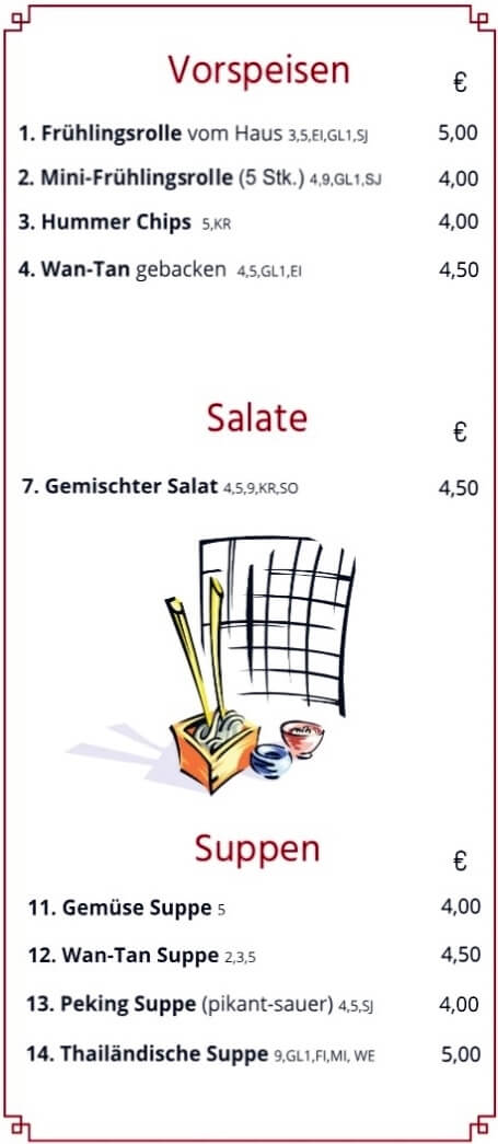 Take-away-Karte mit Frühlingsrollen, Salaten und verschiedenen Suppen