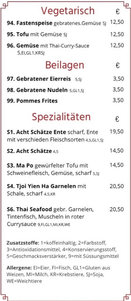 Take-away-Karte mit vegetarischen Gerichten, Beilagen und asiatischen Spezialitäten