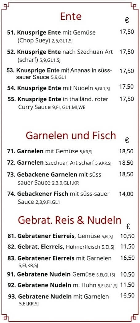 Take-away-Karte mit Ente, Garnelen, Fisch, gebratenem Reis und Nudeln