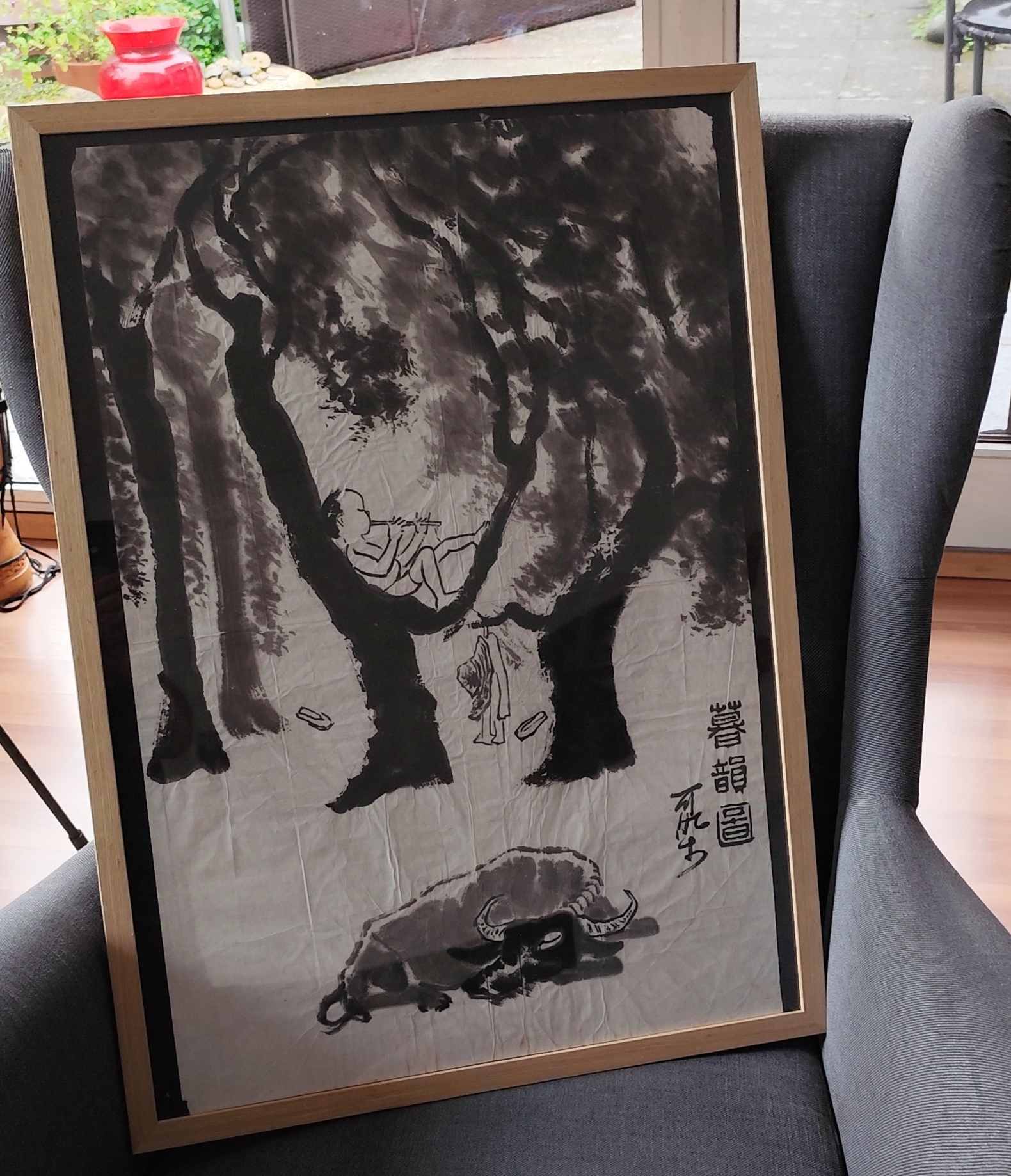 "Boy playing flute sitting on the tree and the ox is listening" by Prof.Kuang Xu (1940-1999)45,5x68cm ink on paper 280€-10%