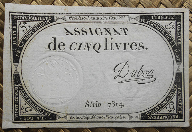 Francia Assignat 5 livres 1793 (60x94mm) pk.A76 uniface