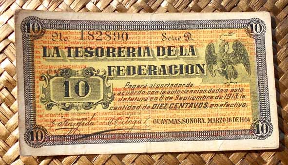 Mejico Tesoreria de la Federación -Guaymas 10 centavos 1913 anverso