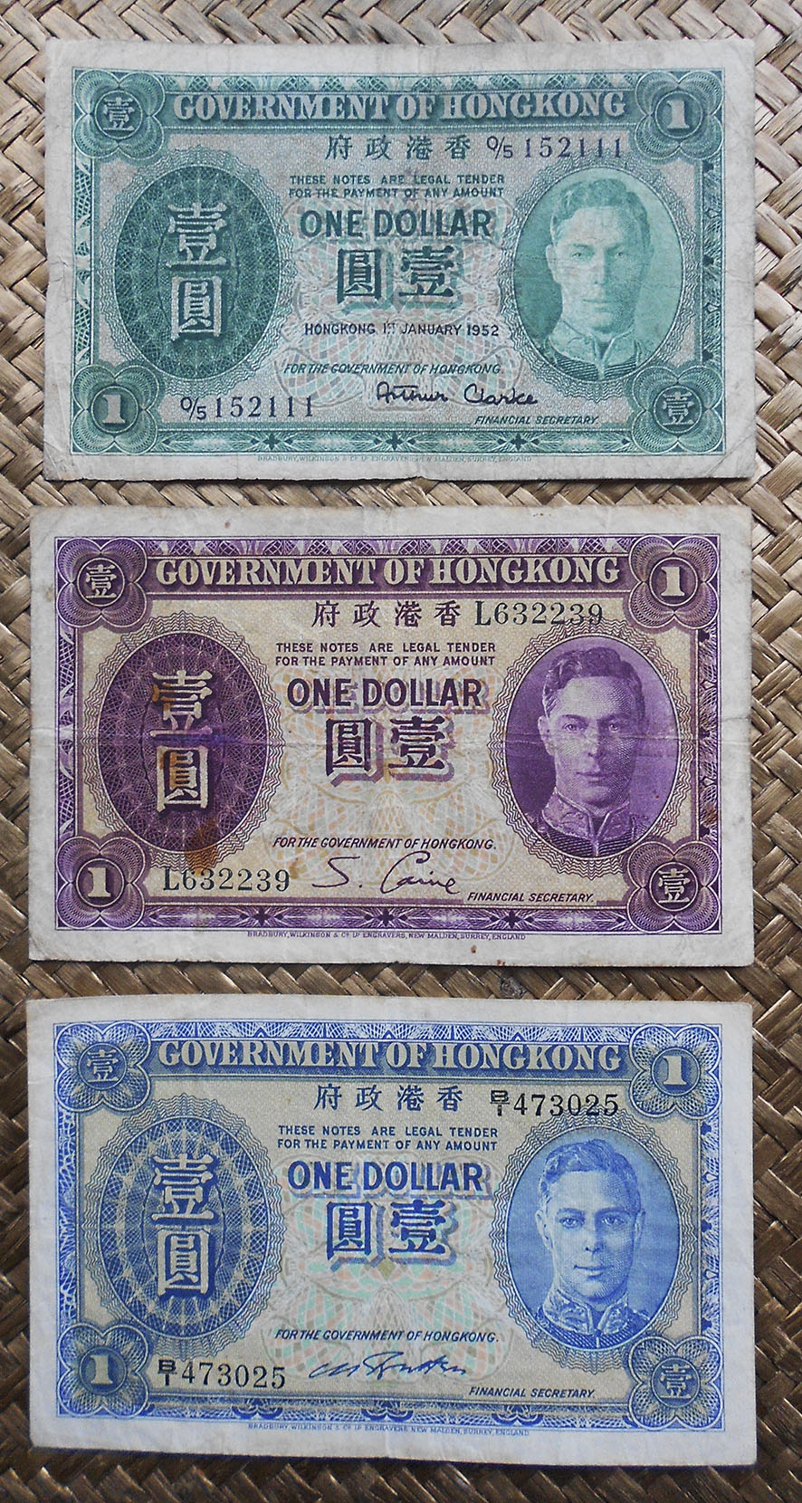 Hong Kong 1 dollar 1952 vs. 1936 vs. 1941 George VI anversos