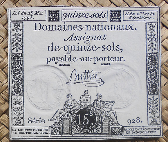 Francia 15 sols 1793 (67x78mm) pk.A69b uniface