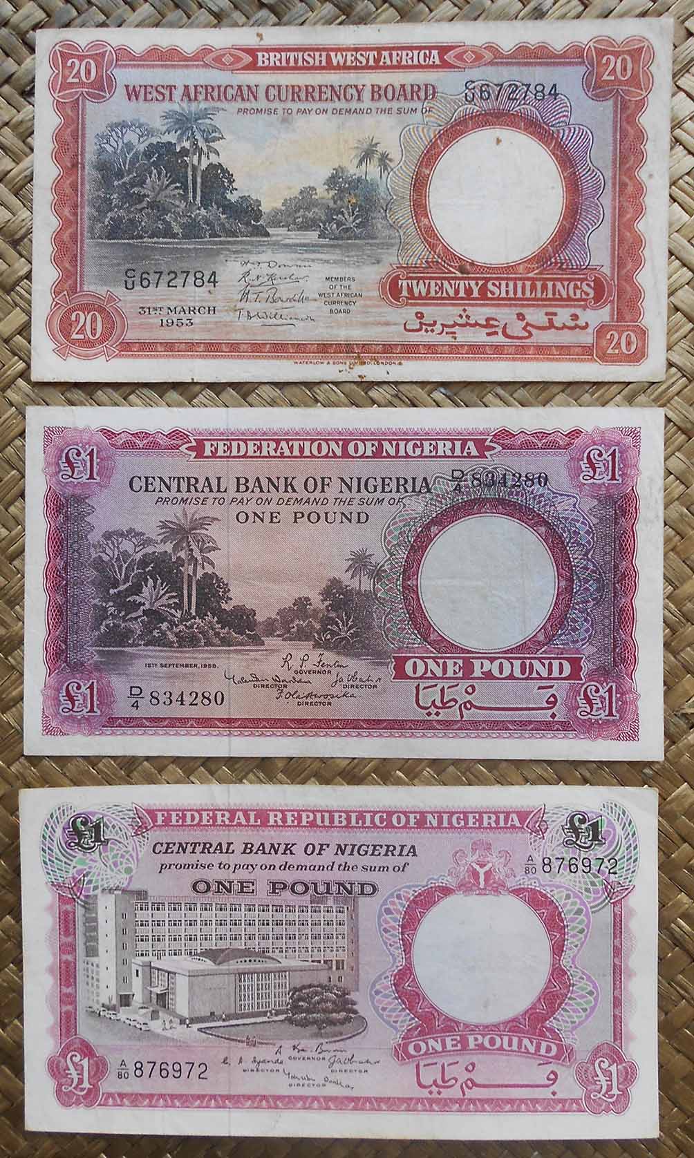 British West Africa vs. Nigeria 20 shilling 1953 vs. 1 pound 1958 vs. 1967 anversos