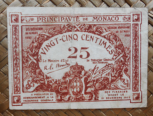 Mónaco, 25 céntimos 1920 (70x50mm) pk.1a anverso