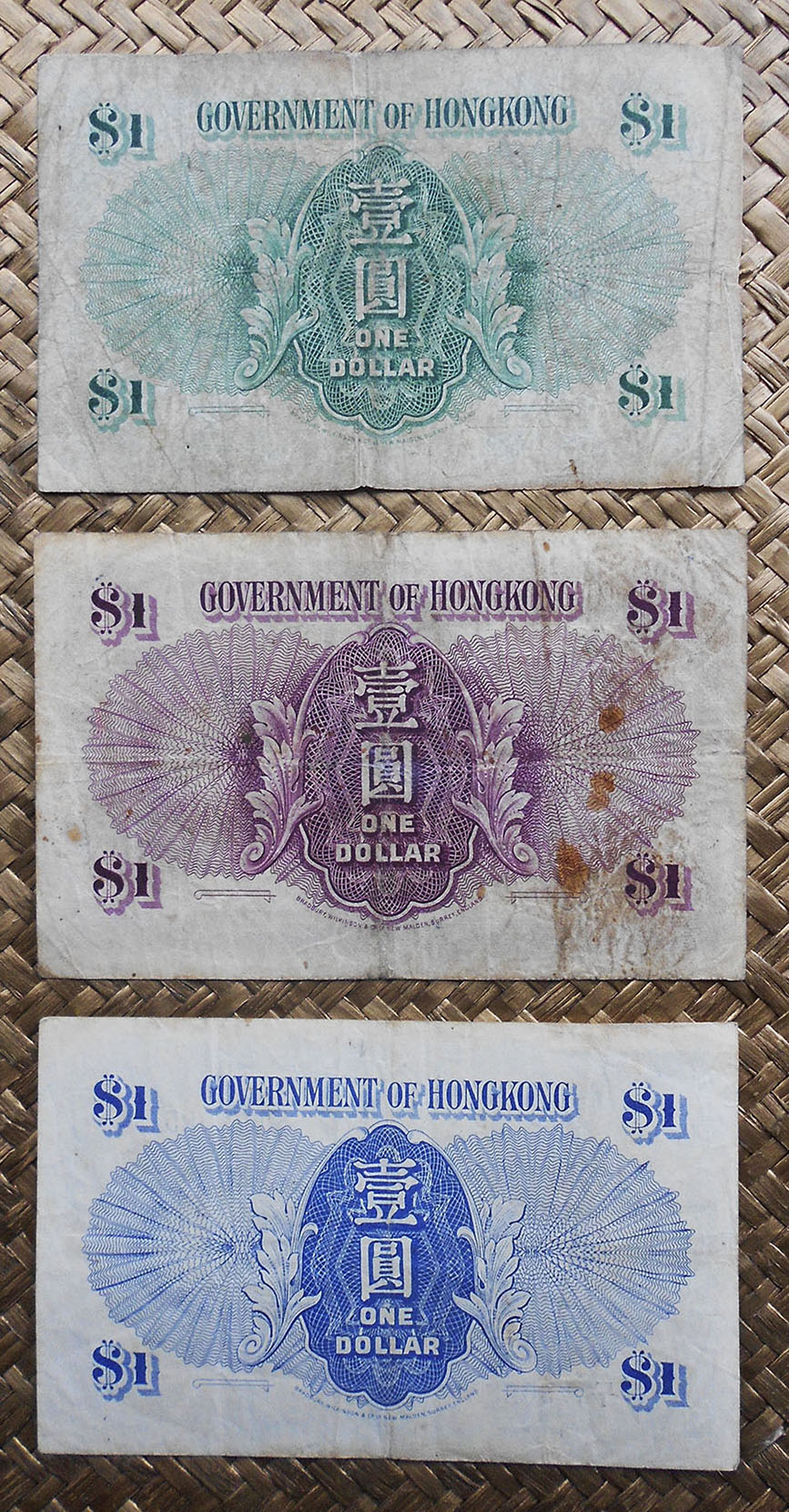 Hong Kong 1 dollar 1952 vs. 1936 vs. 1941 George VI reversos