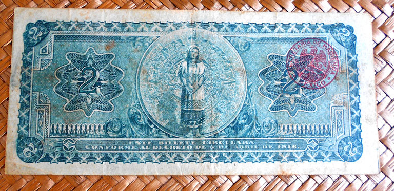 Mejico Gobierno Provisional 2 pesos 1916 reverso