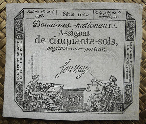Francia 50 sols 1793 (71x83mm) pk.A70b uniface