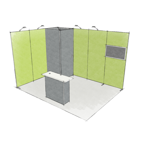Panoramic-Messestand 12 qm mit Stauraummodul und Theke