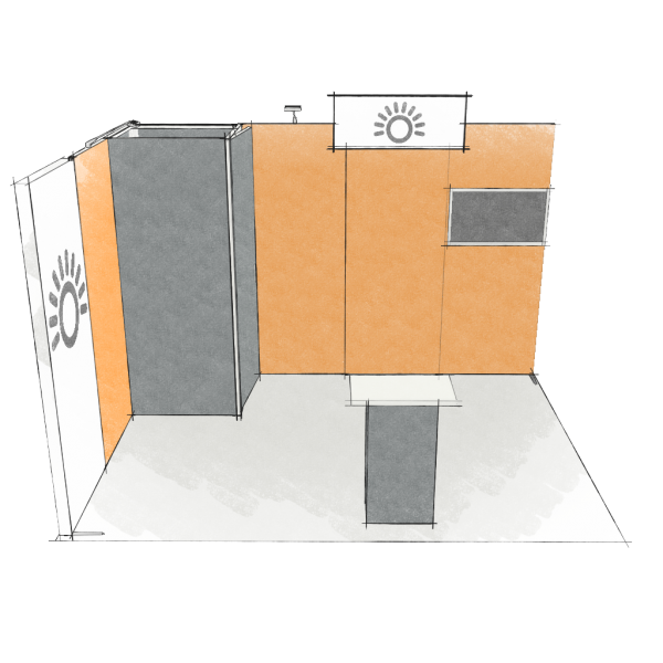 Panoramic-Messestand 12 qm mit Stauraummodul und Leuchtmodul