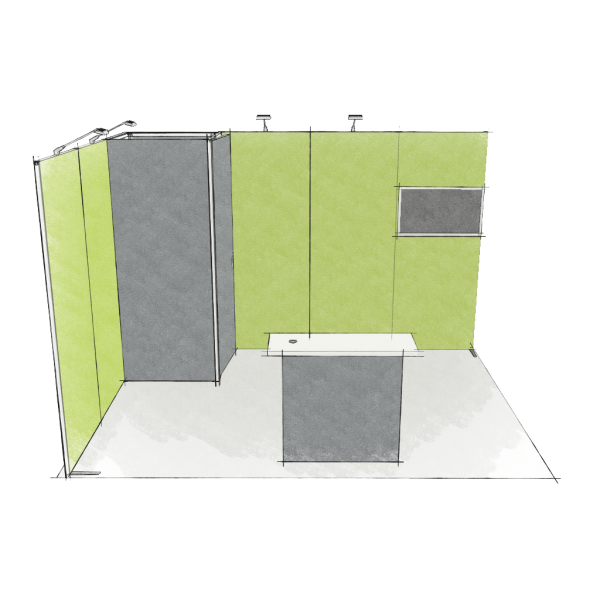 Panoramic-Messestand 12 qm mit Stauraummodul und Theke