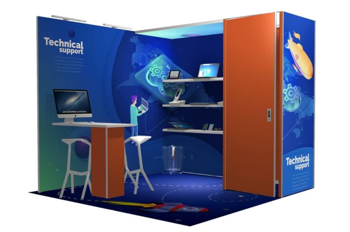 Modularer Messestand PANORAMIC mit Stauraummodul und Decken-Leuchtmodul
