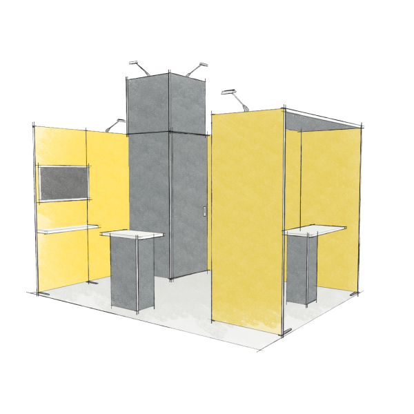 Panoramic-Messestand 12 qm mit Stauraummodul, Aufsatz und Bogenmodul