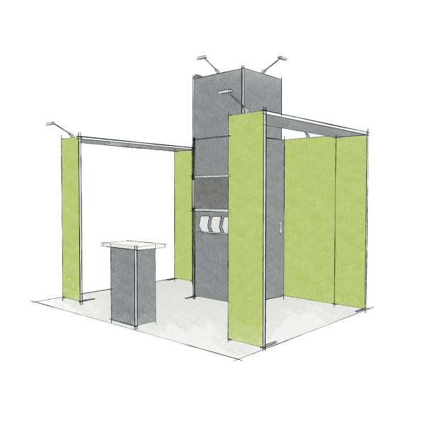 Panoramic-Messestand 12 qm mit Stauraummodul und Bogenmodule