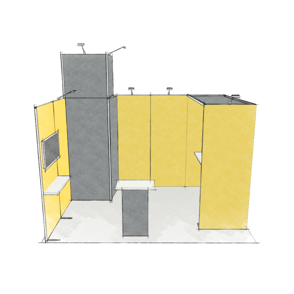 Panoramic-Messestand 12 qm mit Stauraummodul, Aufsatz und Bogenmodul