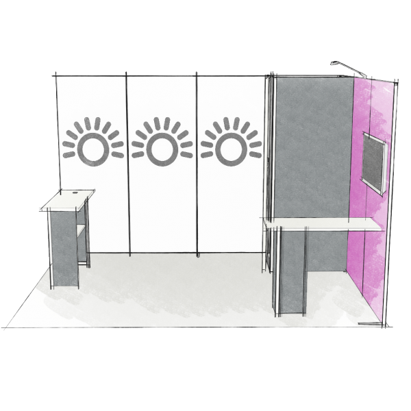 Panoramic-Messestand 12 qm mit Stauraummodul und Leuchtmodulen