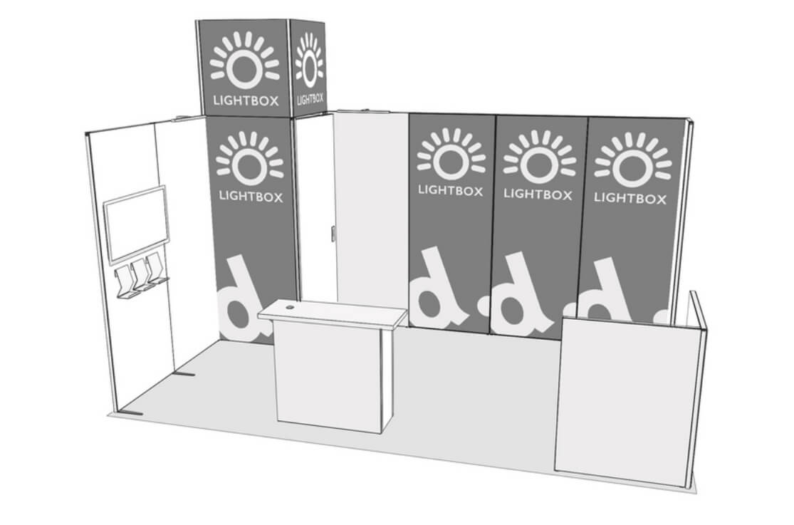 Modularer Messestand PANORAMIC + Stauraummodul + Leuchtmodulen