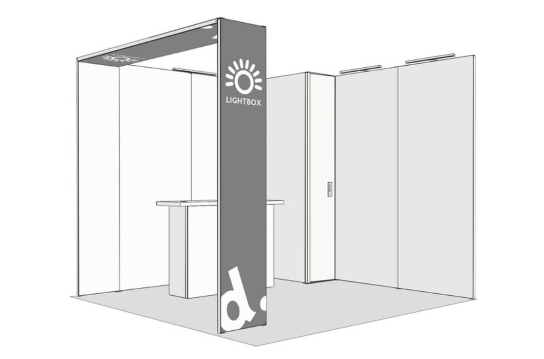 Modularer Messestand PANORAMIC + Stauraummodul + beleuchtetem Bogenmodul
