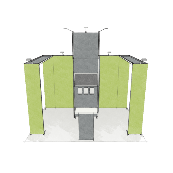 Panoramic-Messestand 12 qm mit Stauraummodul und Bogenmodule
