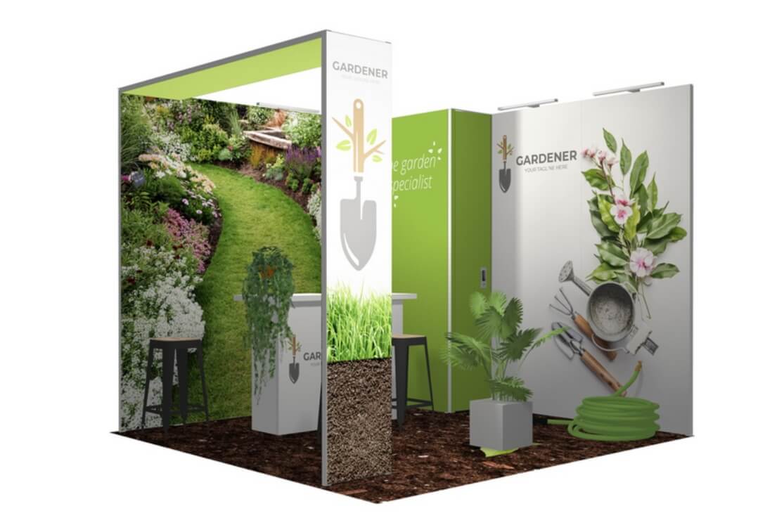 Modularer Messestand PANORAMIC + Stauraummodul mit beleuchtetem Bogenmodul