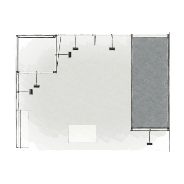 Panoramic-Messestand 12 qm mit Stauraummodul, Aufsatz und Bogenmodul
