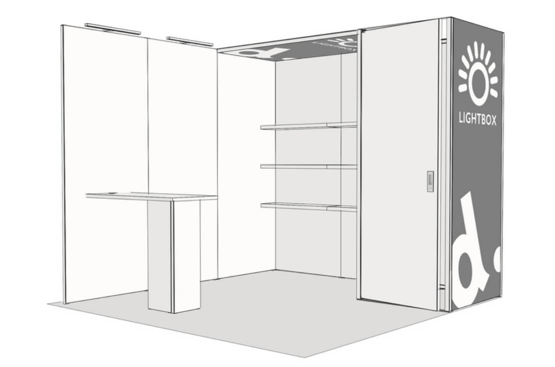 Modularer Messestand PANORAMIC + Stauraummodul + Decken-Leuchtmodul