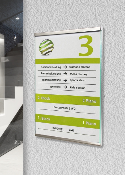 Glassnox Schildersystem aus Glas mit Edelstahl