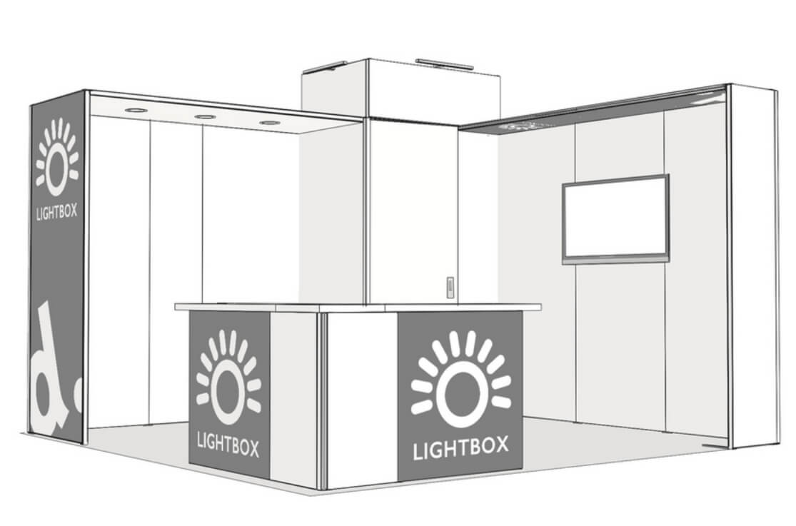 Modularer Messestand PANORAMIC + Stauraummodul, beleuchteten Bogenmodulen und beleuchtetem Thekenmodul