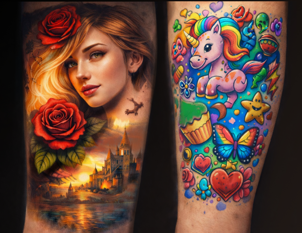 Links überzeugt durch harmonische Farbführung, klare Lichtsetzung und Tiefe. Das Motiv wirkt ruhig, hochwertig und zeitlos.  Rechts dominieren viele gleich starke Farben ohne klare Struktur. Dadurch wirkt das Tattoo unruhig, überladen und visuell nervös. 