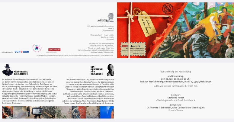 Einladung zur Ausstellung "Ein Geschenk für Erich Maria Remarque" im Erich Maria Remarque Friedenszentrum Osnabrück (2023). Titelbild "Der Weg zurück" von Matthias Laurenz Gräff