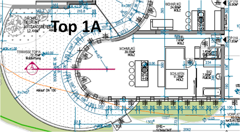 Top 1A liegt im Erdgeschoß, Ausrichtung Süd West mit einer sehr großen Terrasse (ca. 71m² + 12m² Grünnfläche) mit Direktzugang. Wohnnutzfläche ca. 68m²