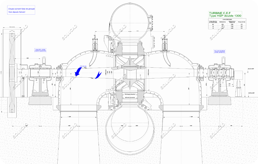 Plan d'ensemble 2D Turbine Francis double - Vue en coupe