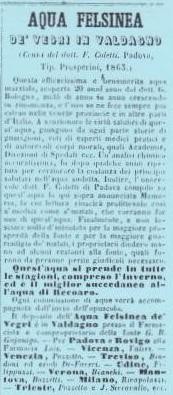 Pubblicità dell'acqua Felsinea de' Vegri in Valdagno sulla Gazzetta medica di Padova del 1865