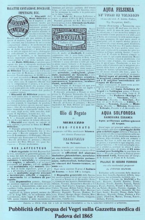 Pubblicità dell'acqua Felsinea de' Vegri in Valdagno sulla Gazzetta medica di Padova del 1865