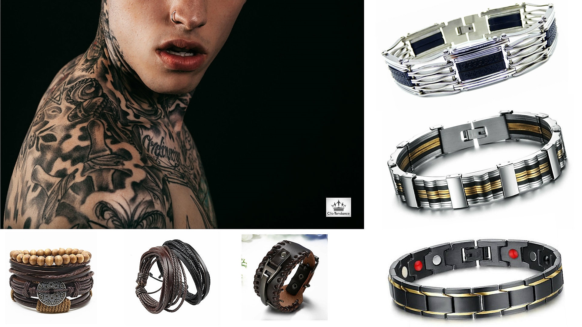 Bracelet homme tendance en acier inox et bracelet cuir de vachette