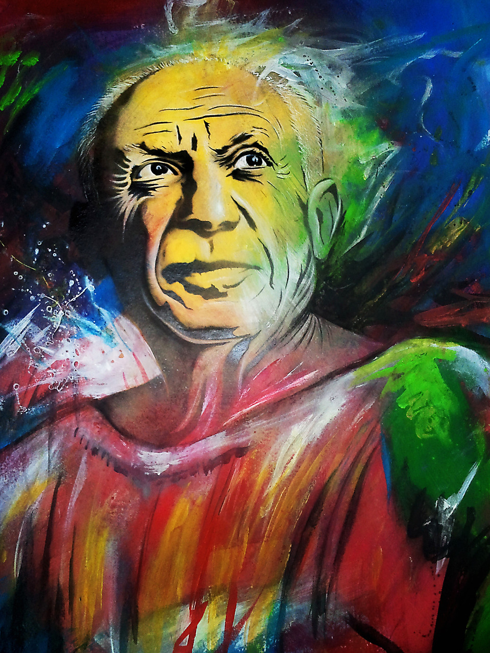 "Picasso" Portrait Schablone mit Sprühlack, Acrylfarben und Kreide auf Buchbinderkarton